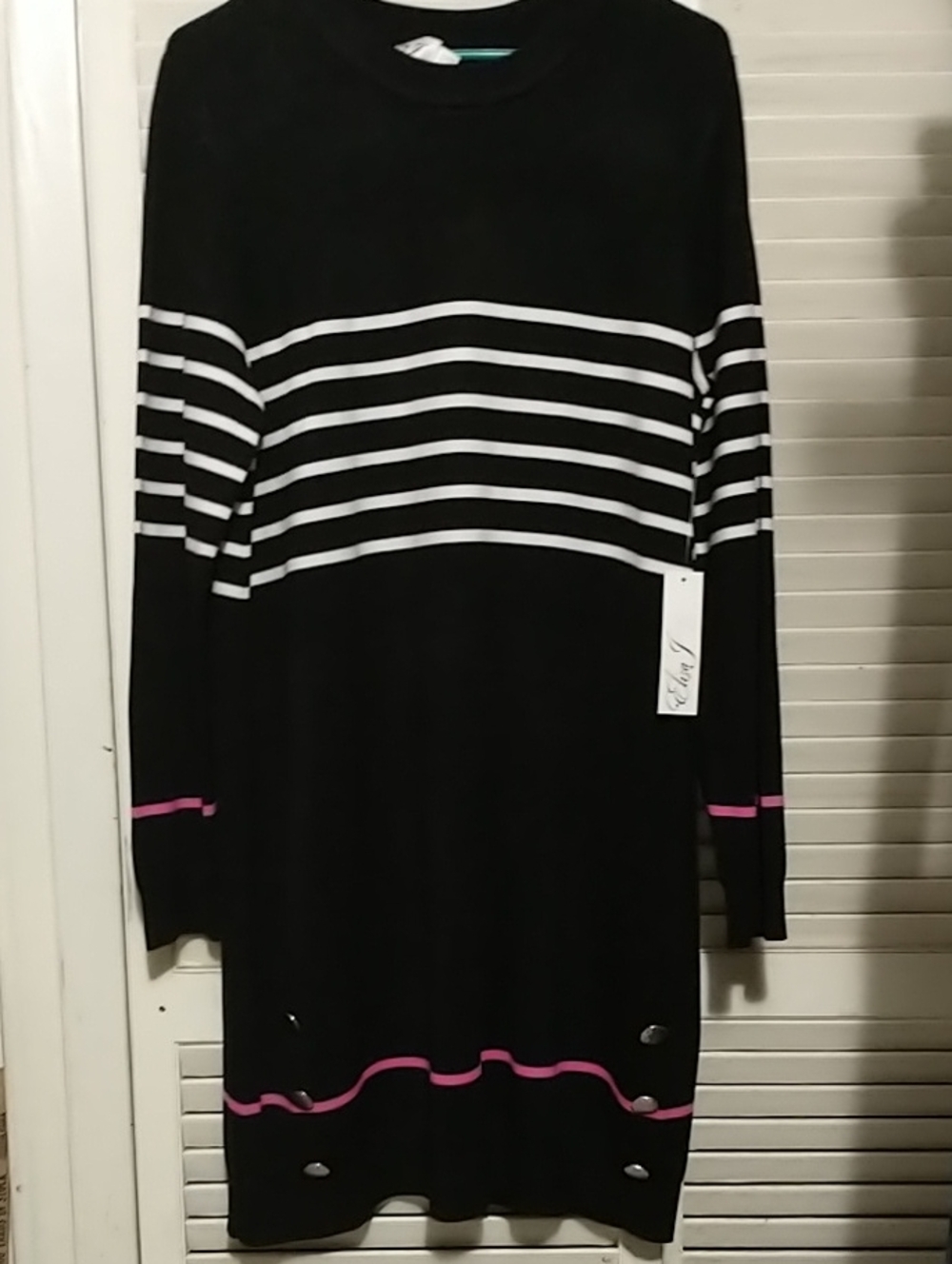 NWT Eliza J Black and White Striped Knit Dress  Pink Accents long sleeves sz XL